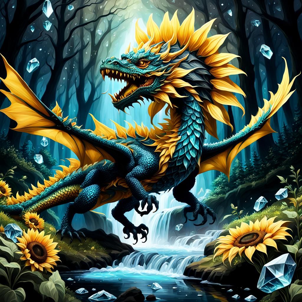 A detailed sunflower dragon. Flying in a dark forest, over a...