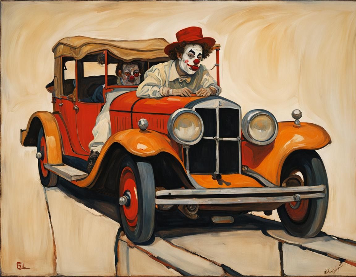 clown gets a fast car but doesn't know what to do with it, detailed oil painting, egon schiele