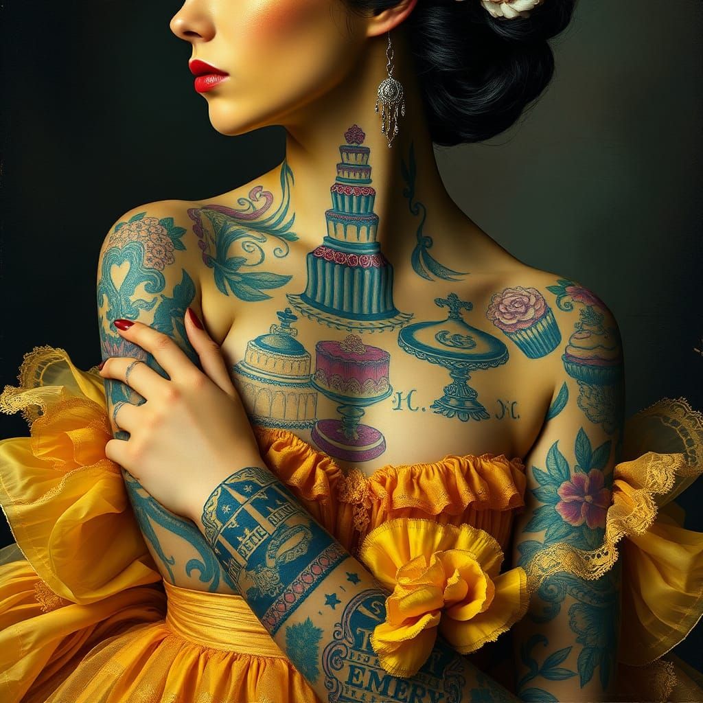 Cake Tattooed Woman in Gothic Victorian Gown