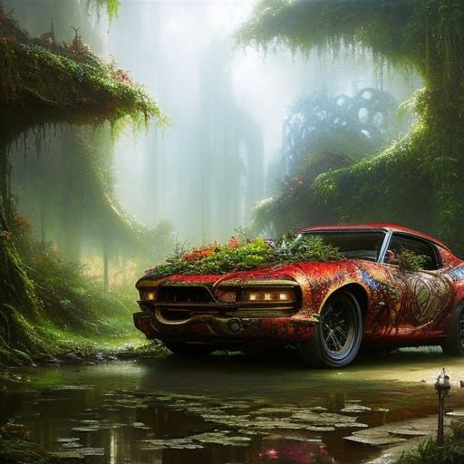 a car covered in vines, old car with vines wrapped around it, in a
