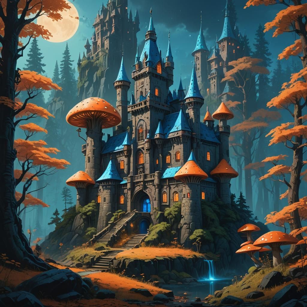 Majestic Castle in Nocturnal Fantasy Landscape
