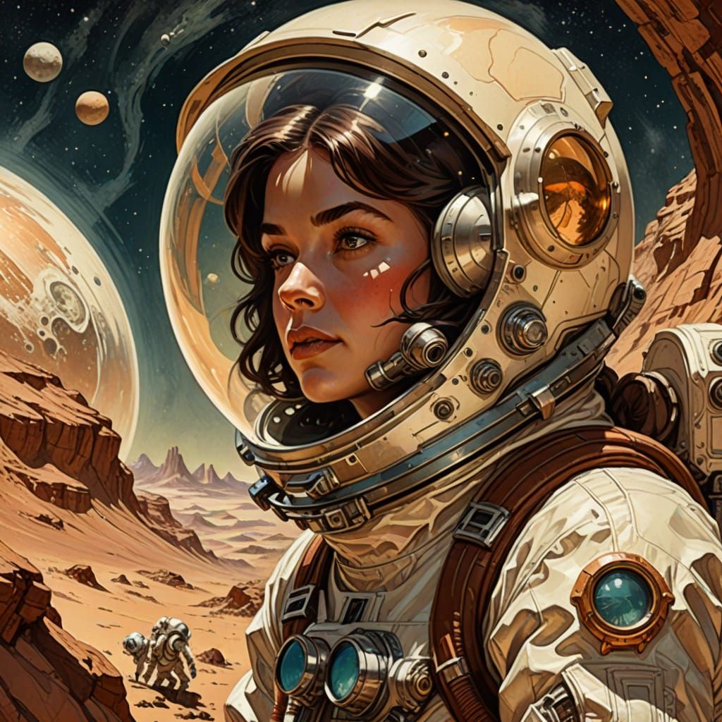 Science Fiction Illustration of female astronaut on an alien planet by J.C. Leyendecker, Coby Whitmore, ...  by @Poemata66