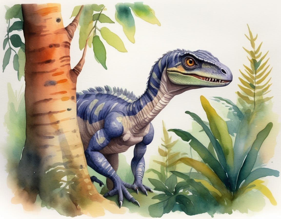 Watercolour. Jungle scene. A small velociraptor peeps from behind a tree.