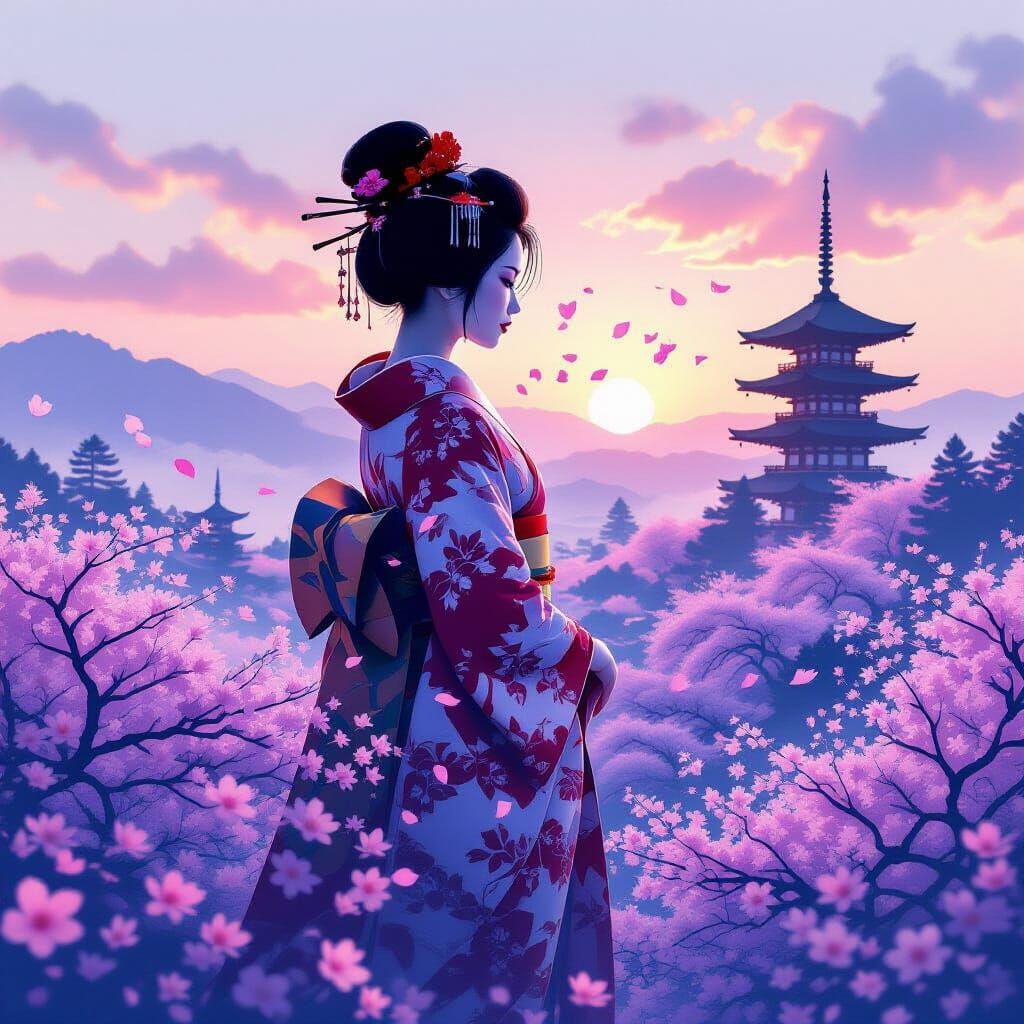 double exposure merge of the two images keeping a misty translucent effect. Geisha on Left, Samurai on Right. Merge colour palette into comp... - Start Image 2