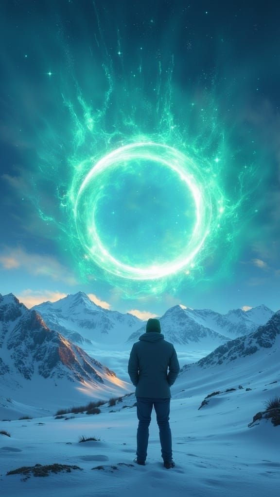 <lora:MJ6-1 Portals:1.0> A man stands on the snow, with an empty blue sky and mountains in front of him. A huge circular, light turquoise po...