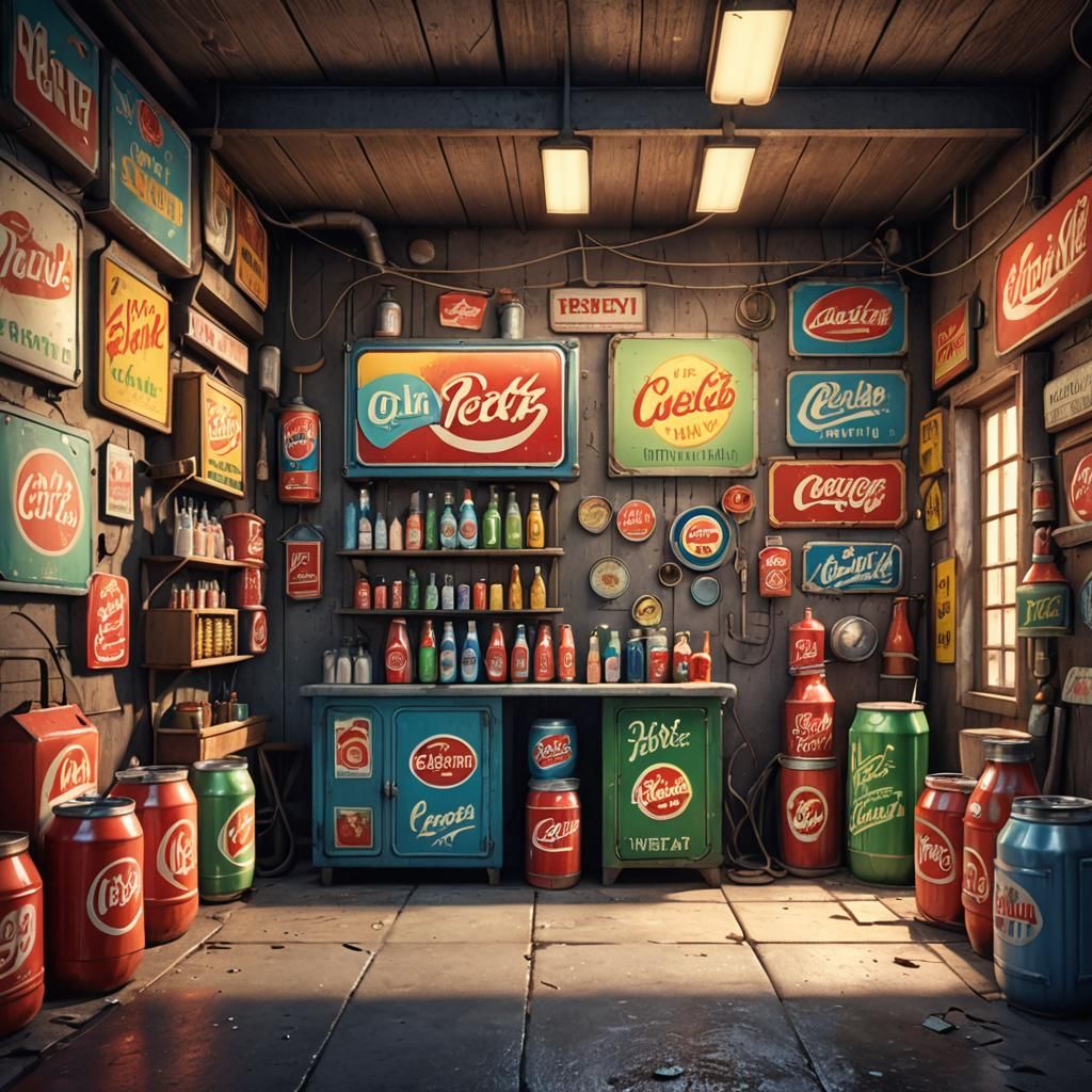 An old shanty garage full of vintage metallic signs advertis...