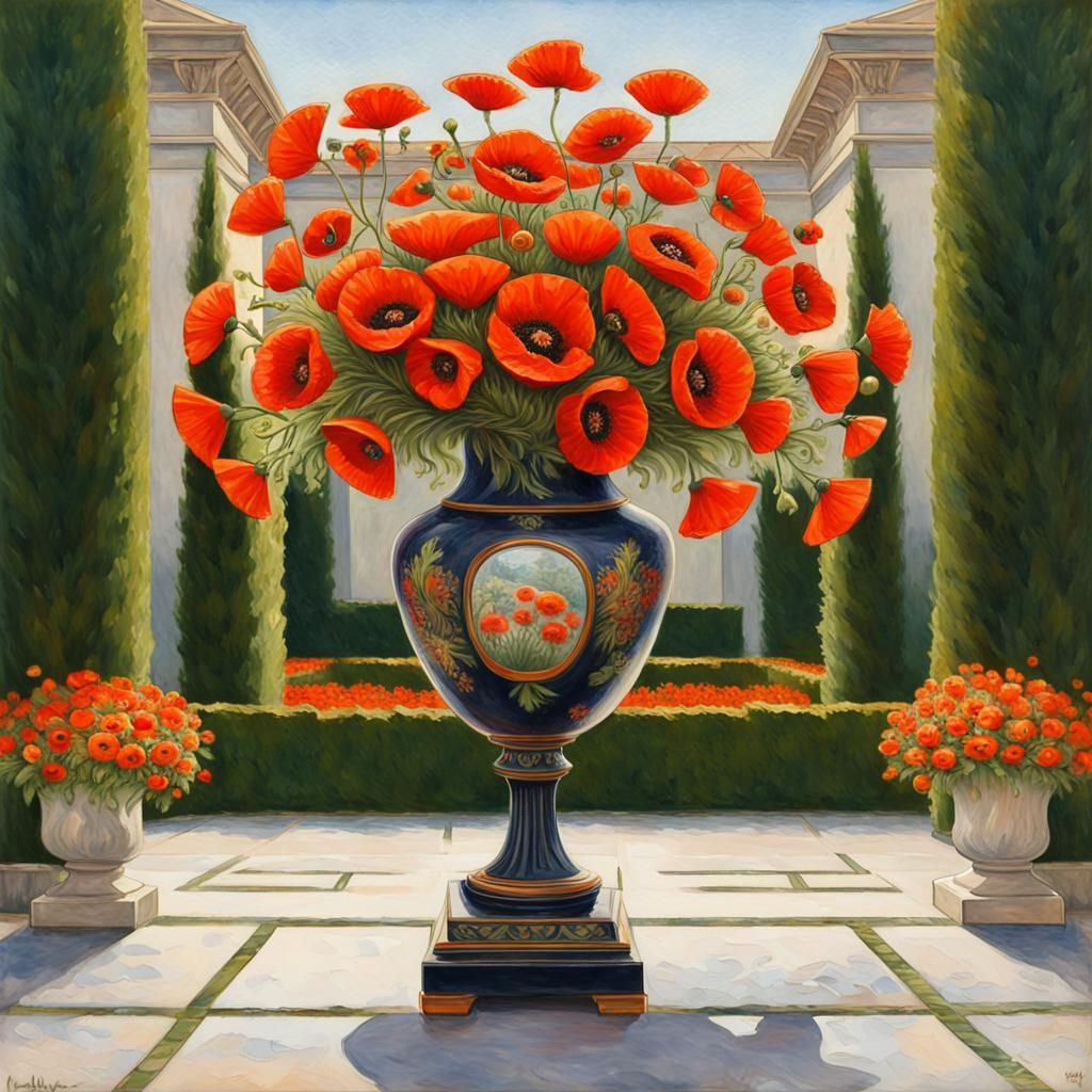 An impressionist style of poppie flowers in a vase, the case...