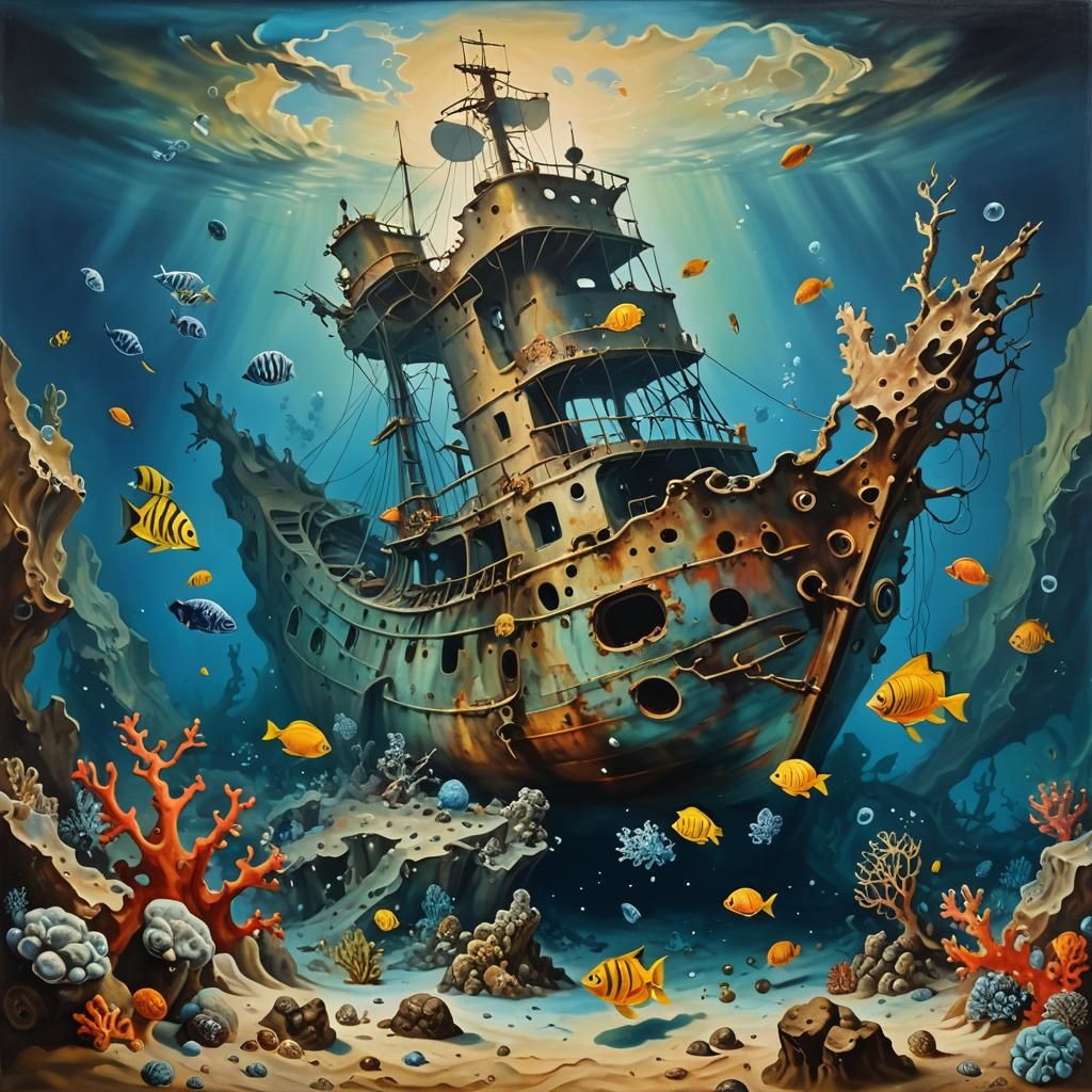 Underwater Shipwreck with coral and fish  by @Tatsu