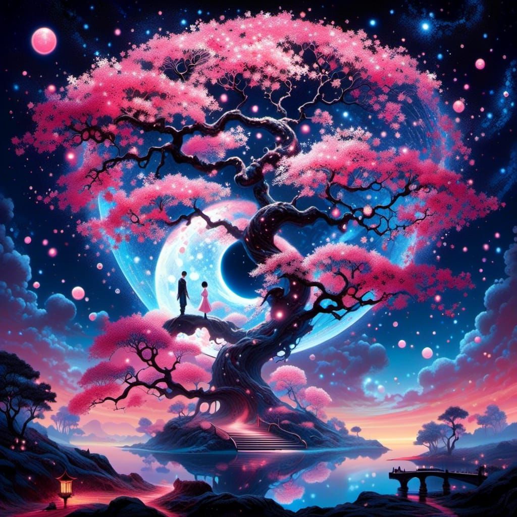 <lora:glow:1.0> "a whimsical yin yang adventure into the center of a magical galaxy sakura tree made of stars on a starry night" double_expo...