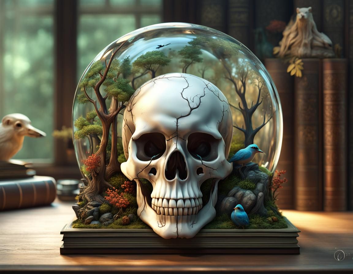 Hollow crystal glass skull with living ecosystem sealed insi...