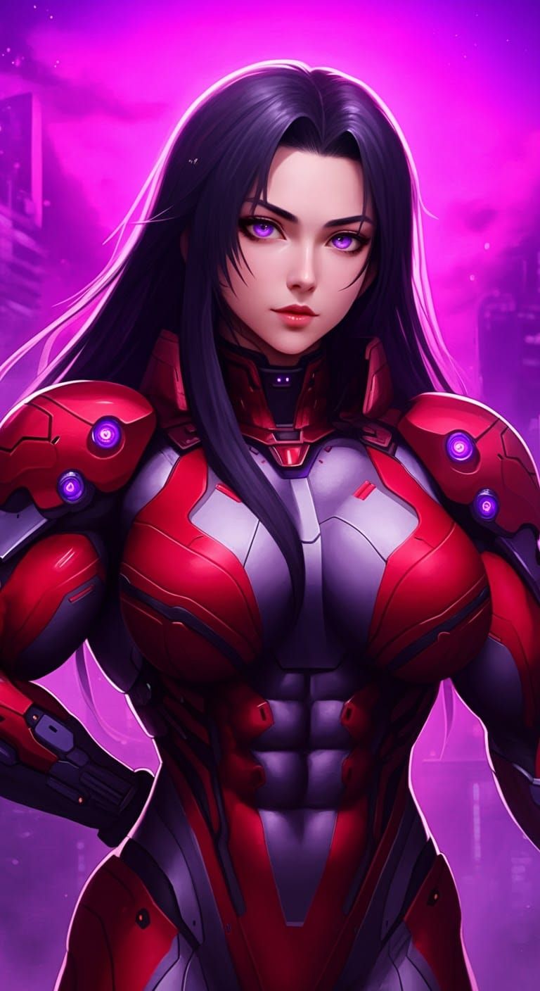 Anastasia Leonova,Posing in a Red and Purple High Tech Battlesuit,Purple Eyes,long Black hair, Muscle competitor, as a Battle Arena Toshinde...