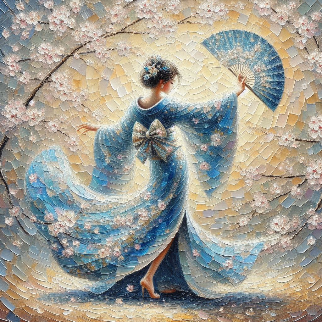 A graceful woman in a blue kimono