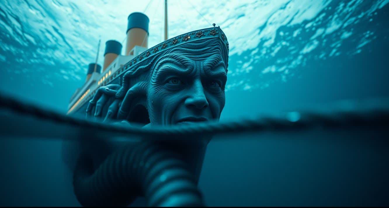 Photorealistic portrait horrifying nightmare night terror thalassophobia creation of the rms titanic as a terrifying hum...