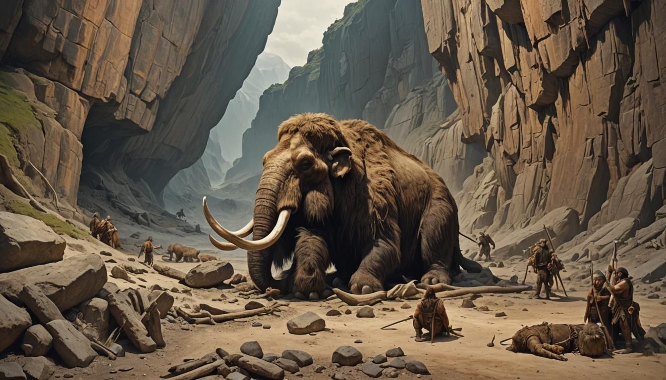 a dead mammoth lies near the cave, a man stands on top of a ...