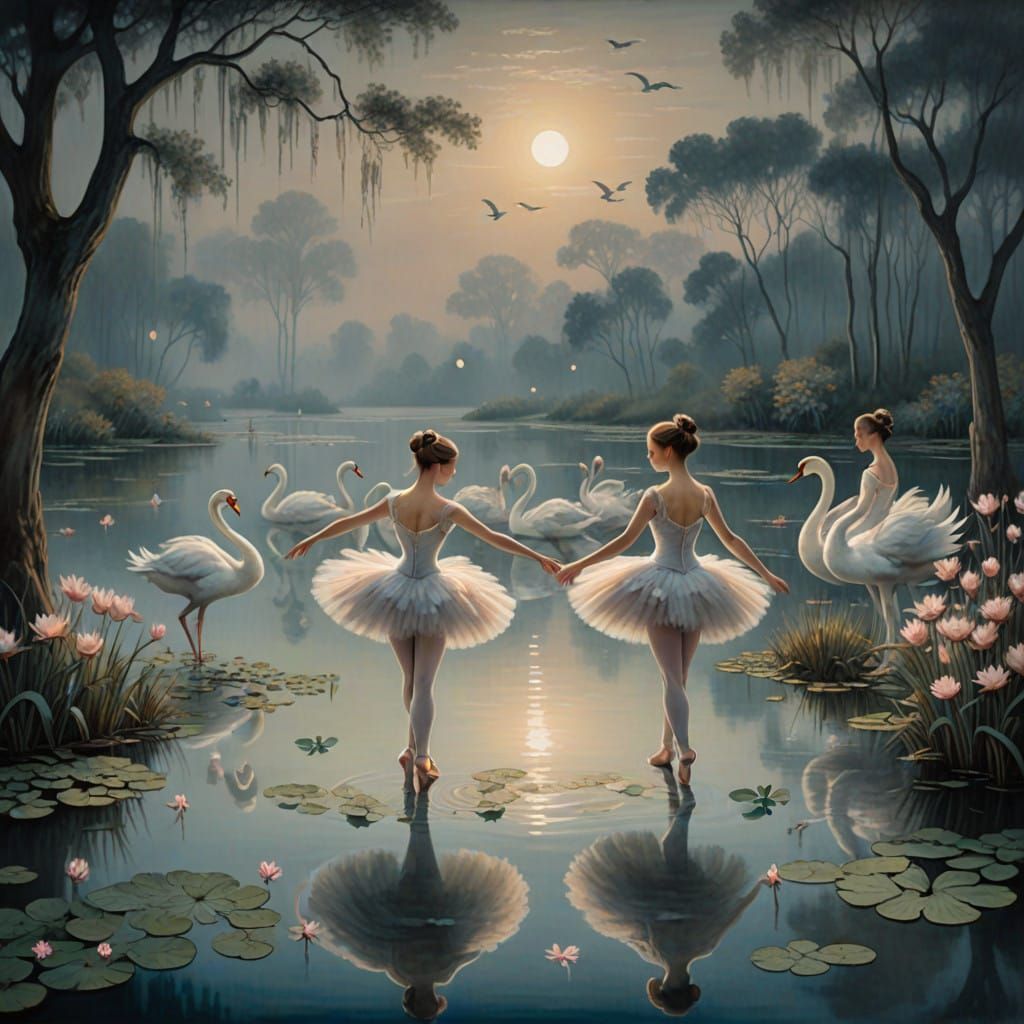 ( Seven ballet dancers performing Swan Lake) 