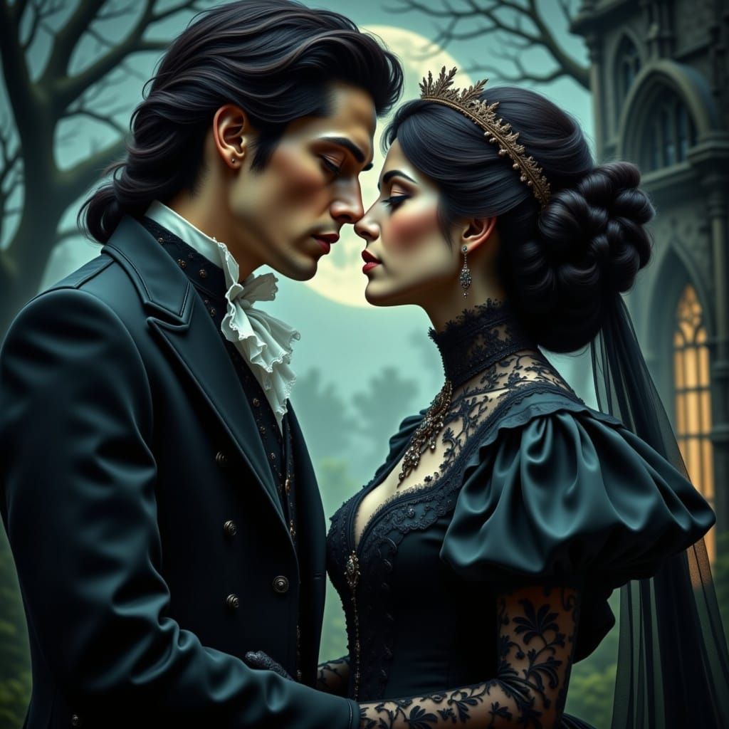 Close up super zoomed in portrait of a (((couple kissing))) award winning fantasy, evocative, magical, sensitive, mystic <lora:Victorian Got...