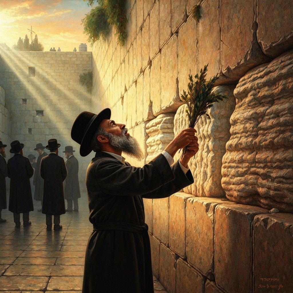 Hasidic Man Prays with Four Species at Western Wall