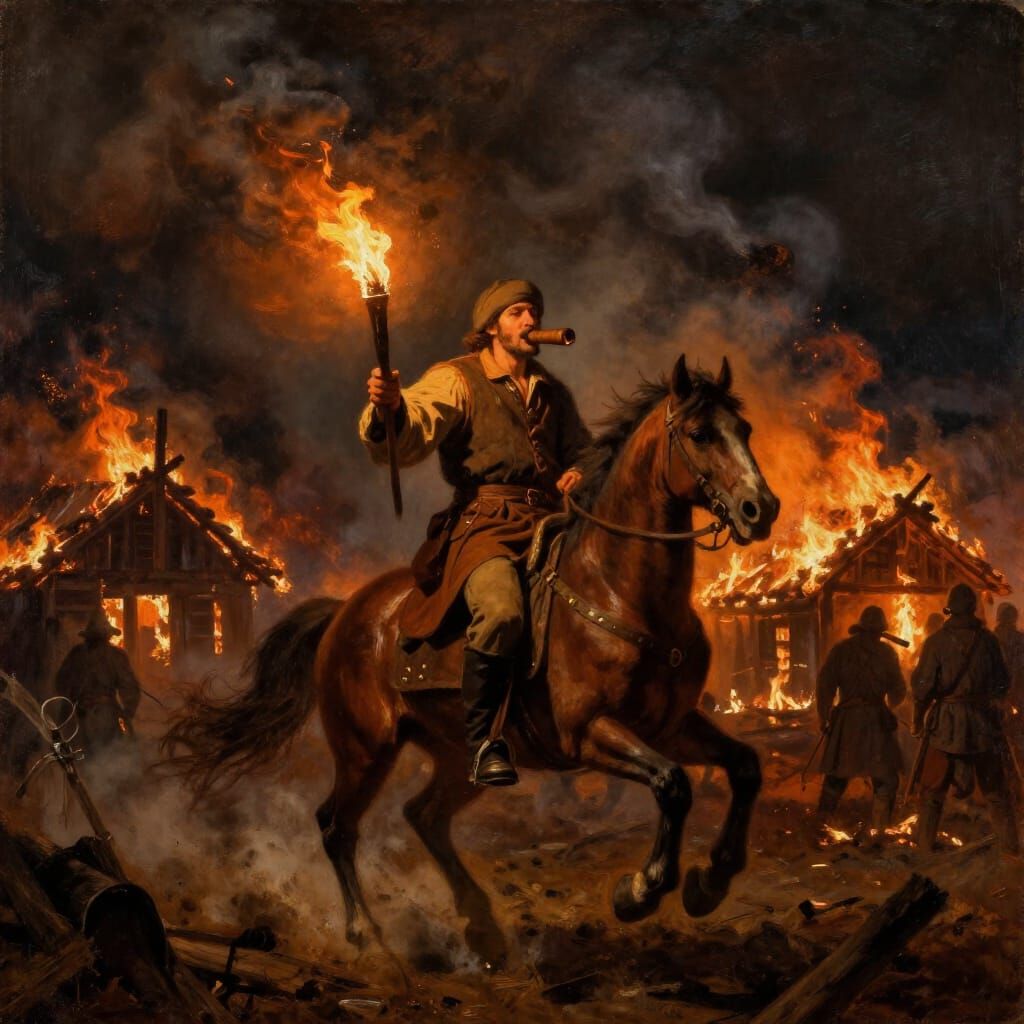 Cossack on Horseback with Torch Amidst Burning Houses
