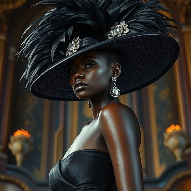 POISED BLACK WOMAN IN A DRAMATIC BLACK STRAPLESS GOWN AND AN...