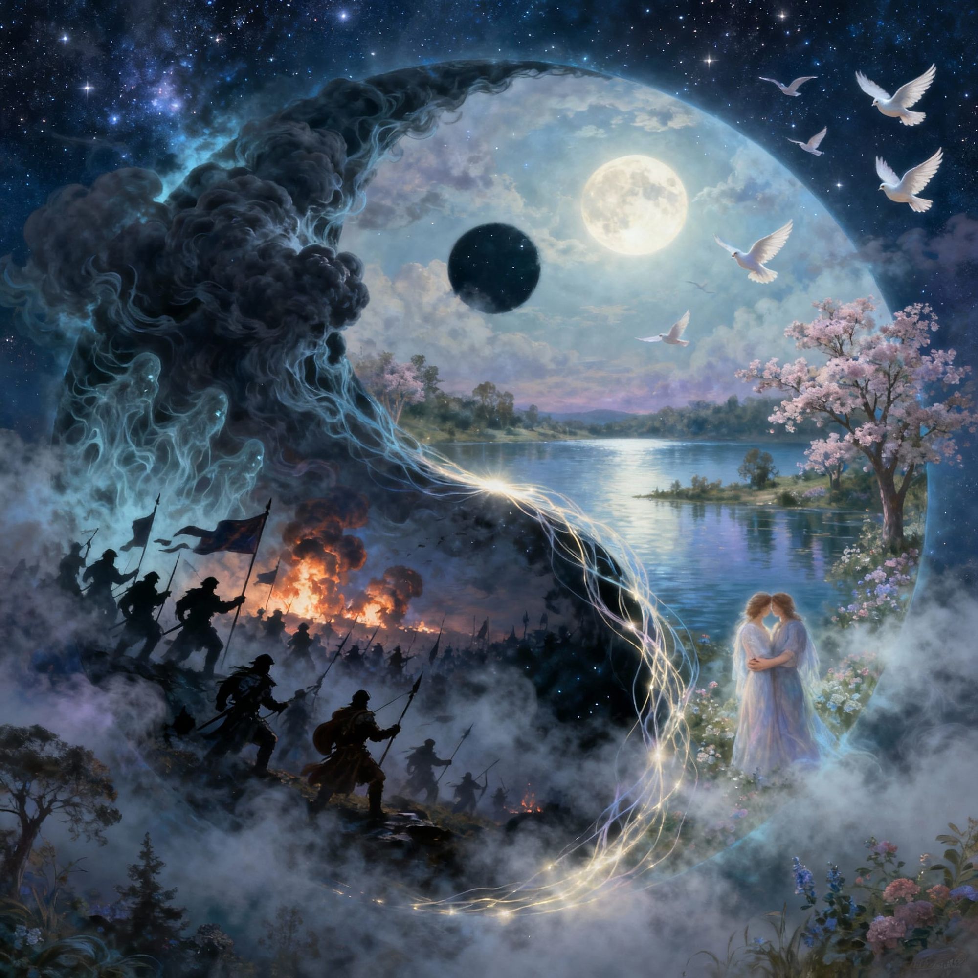 A vast night sky shaped like a glowing yin-yang symbol, where the two halves intertwine as living scenes. In the “war” half, dark storm clou...