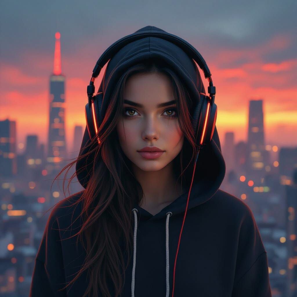 Ethereal Woman with Red Headphones in Ash Thorp Style