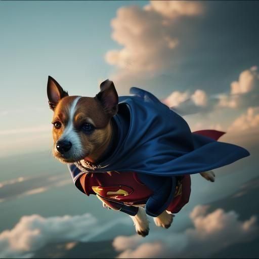 Photo of a Jack Russell terrier wearing a superhero costume flying through the air toward the camera taking the shot 