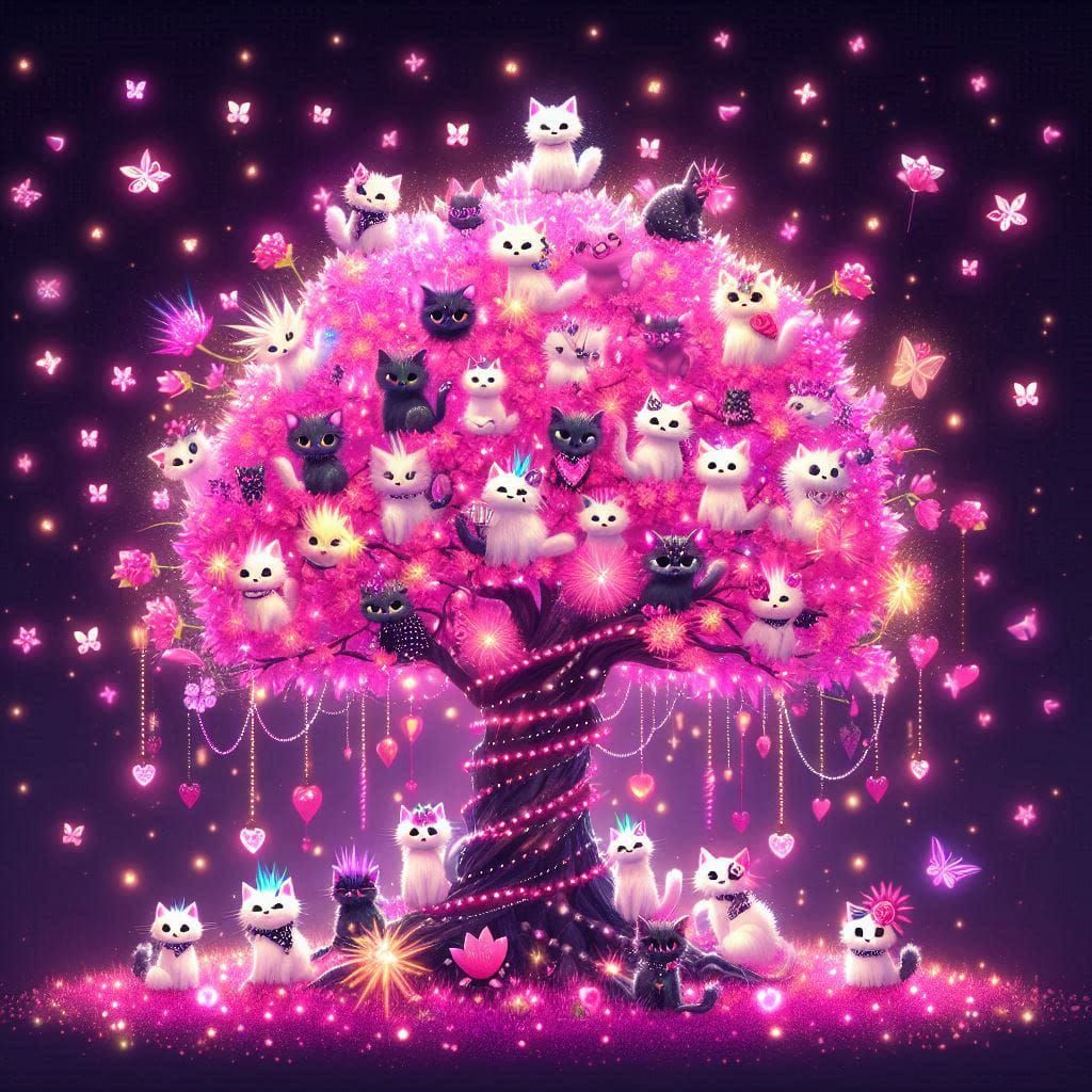 Pink tree full of punk cats