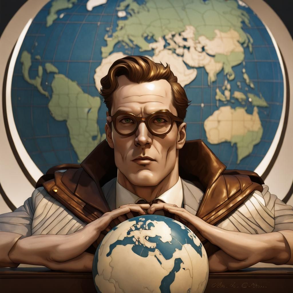 Clark Kent as atlas carring the world ,marble skin, art deco...