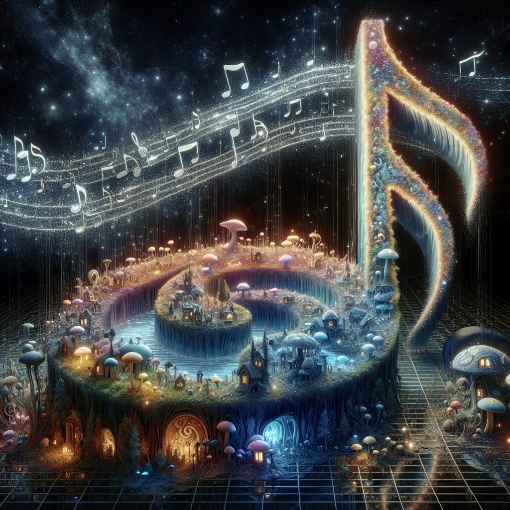 Fantasy Fairy villages inside large glass music notes floating into the air, with little mushroom houses, ...  by @AutumnBear
