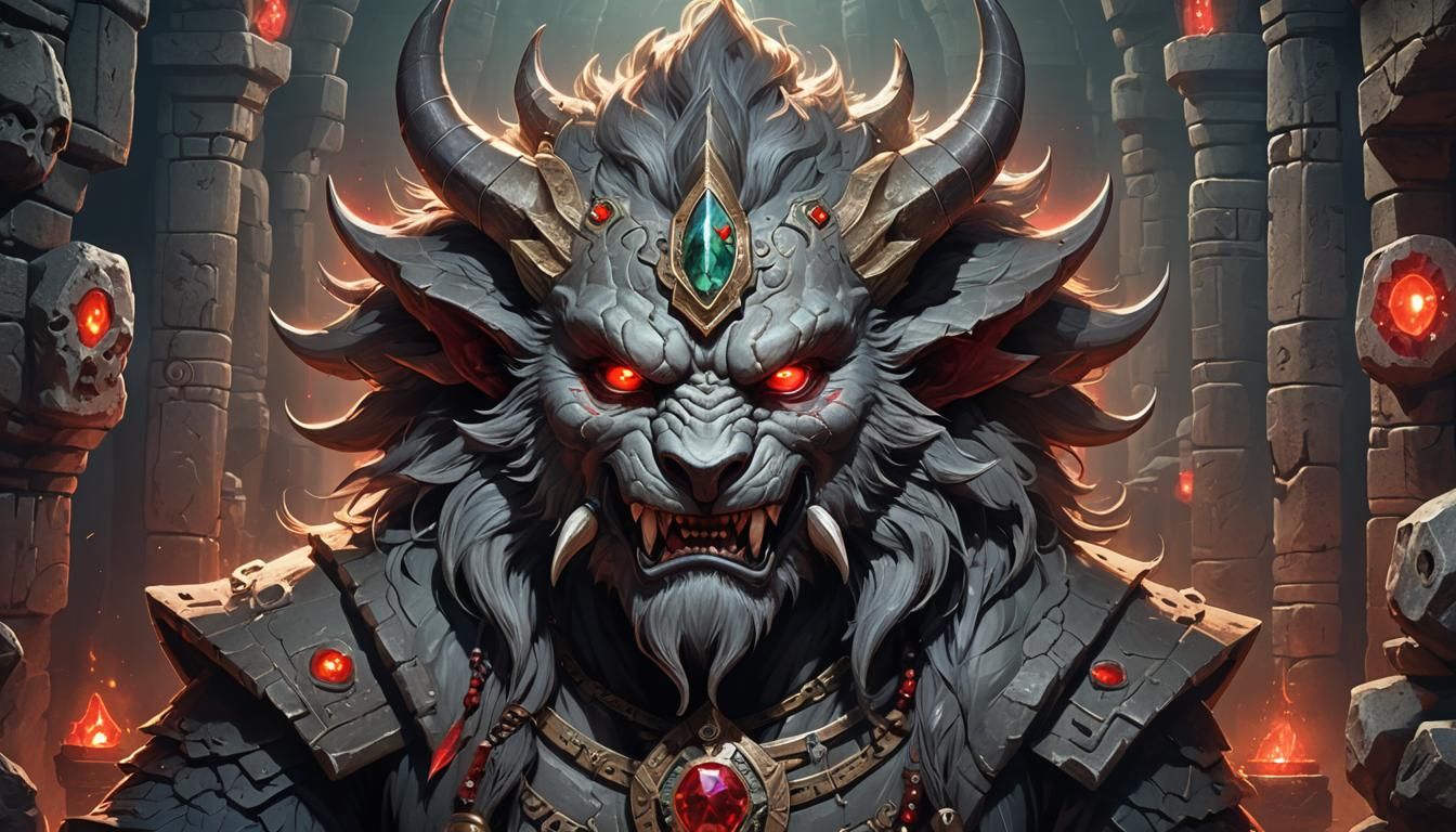 scenic picture of a ancient gambling god, grey beast face, p...