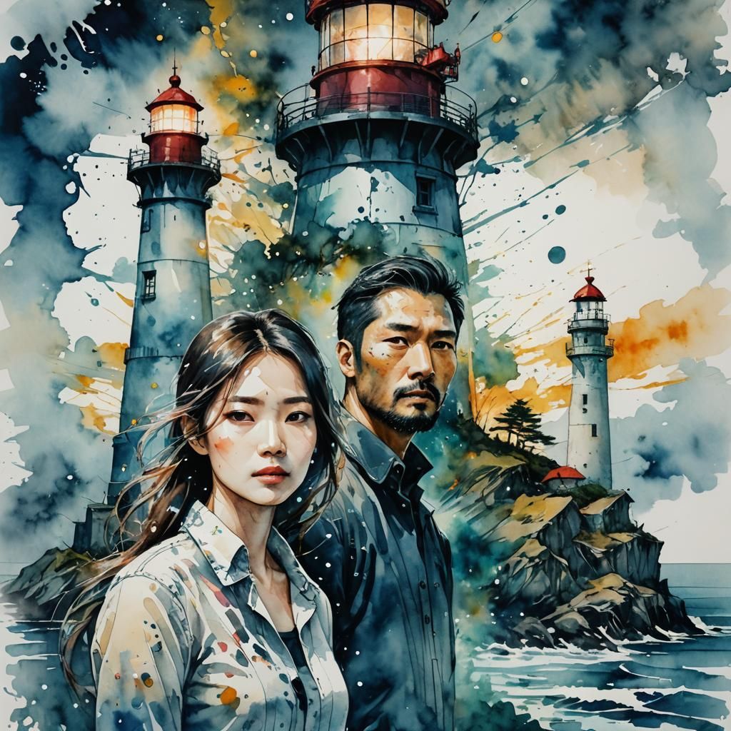 double exposure portrait beautiful watercolor couple and lighthouse ocean!!!!", Yoji Shinkawa, Dan Mountford, ...  by @Nednut4362