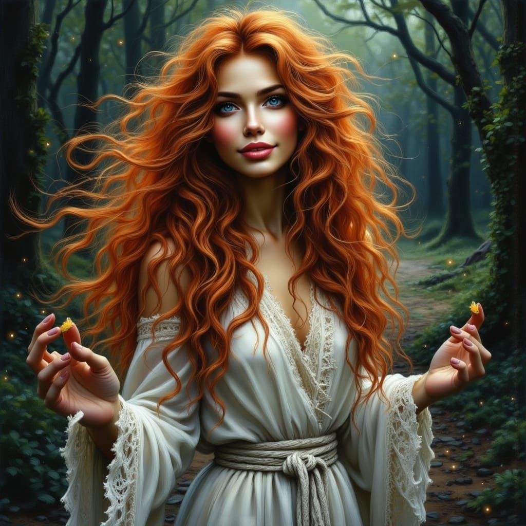 <lora:Beautiful women:1.0> <lora:Double Photoreal v2:1.0> close up reddish hair breezy  beautiful magical women casting spells in a deep dar...