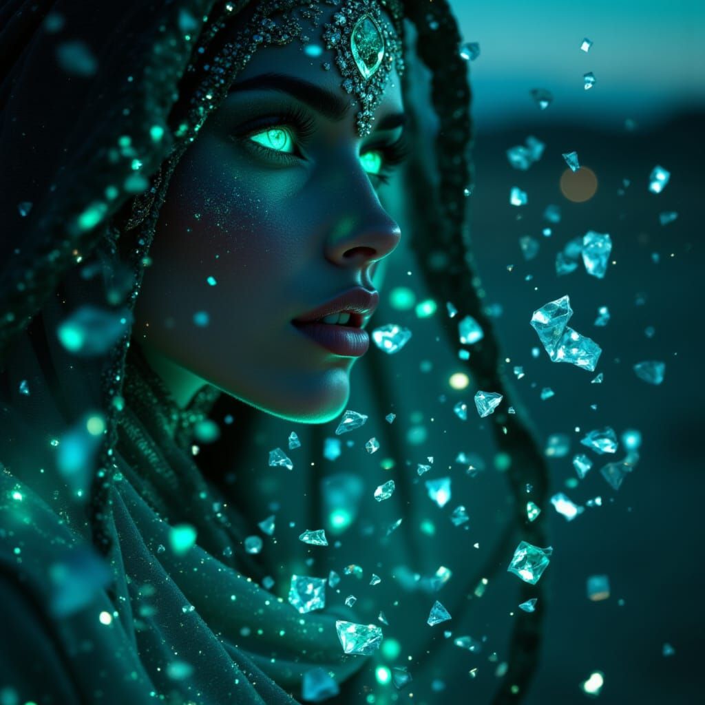 <lora:Shar:1.0> Portrait of a mystical desert nomad woman, her veil embroidered with silver threads, emerald eyes glowing in the twilight. S...