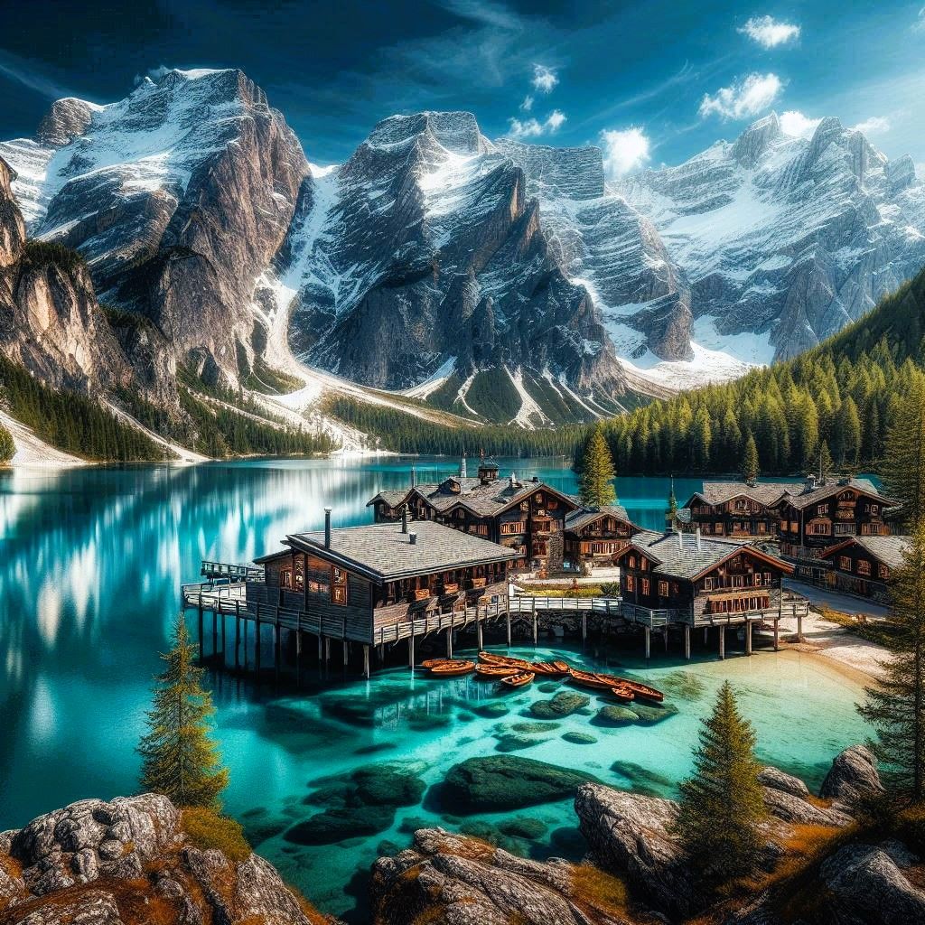 A landscape featuring a cluster of dark wood Swiss-style chalets