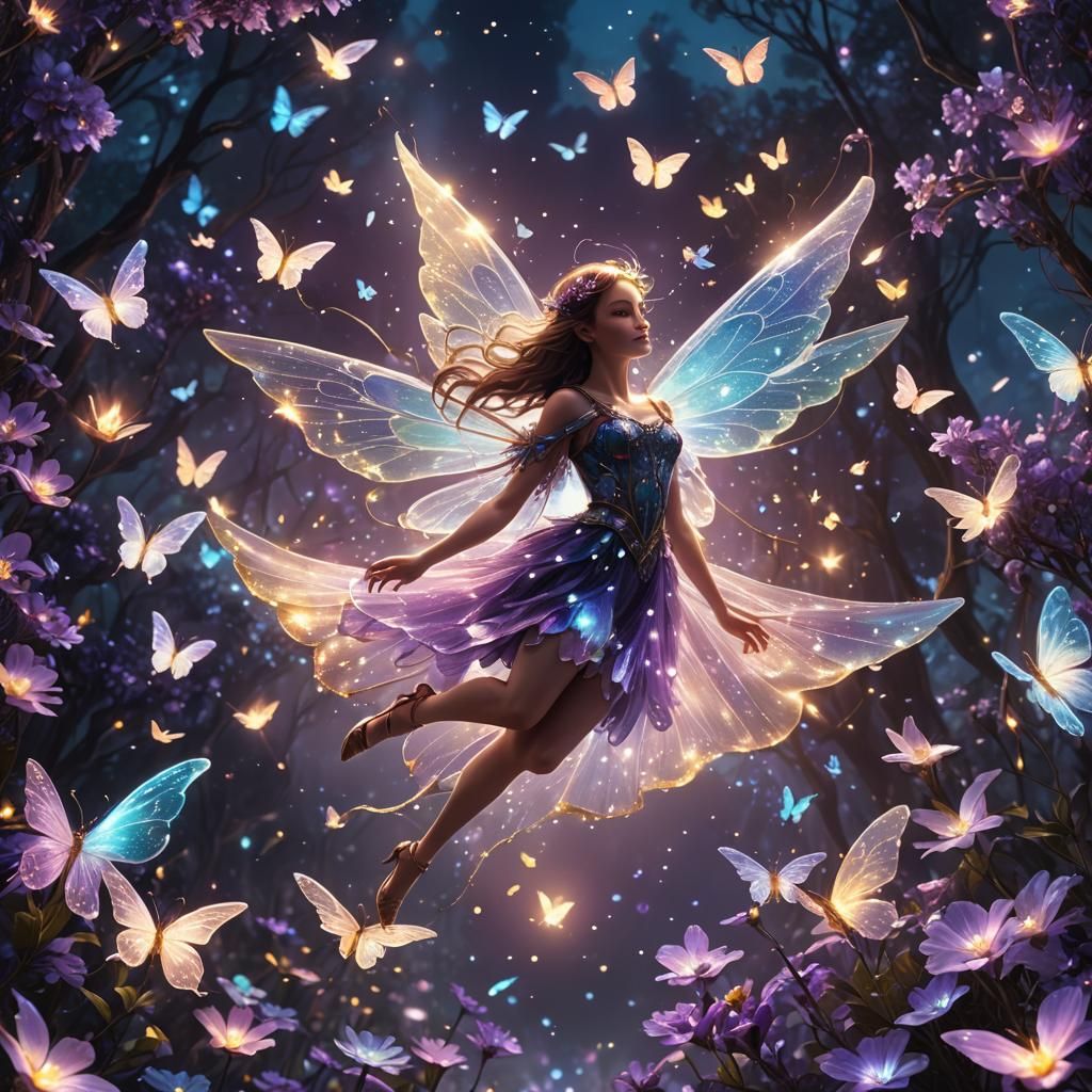 a flying beautiful fairy. translucent iridescent wings. luminescent, glitter, glowing. little lights. ...  by @Ylona