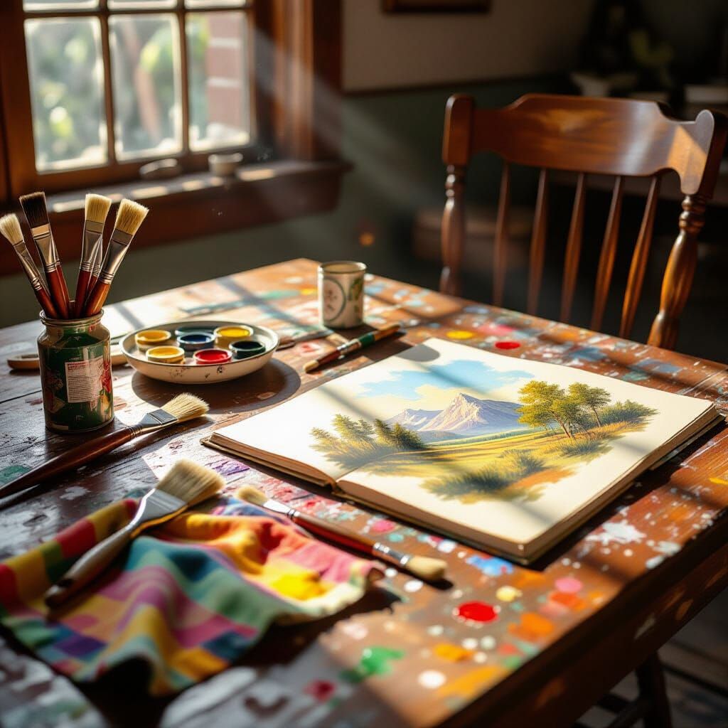 The Painter Just Stepped Away A wooden table cluttered with paint-stained brushes, half-squeezed tubes ...  by @Hidden_Phantom