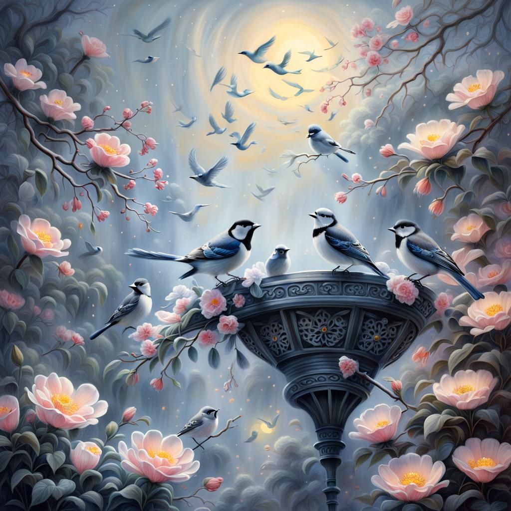 Delicate Chinese Flowers and Birds in Charcoal Drawing