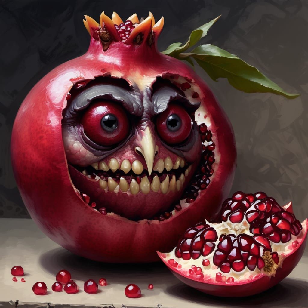 Pomegranate fruit with a sinister creepy face on it   by @HermioneSheHulkNinja