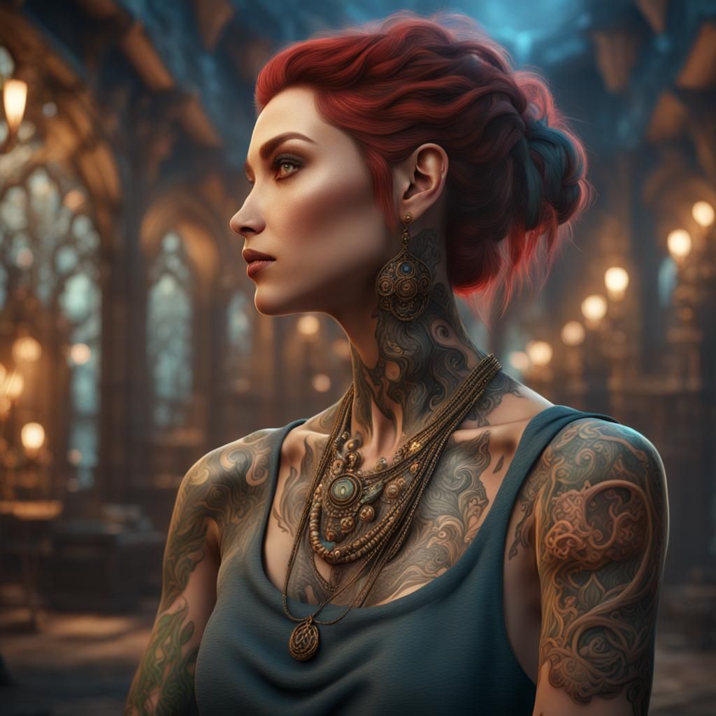 A beautiful woman show off her tattoos