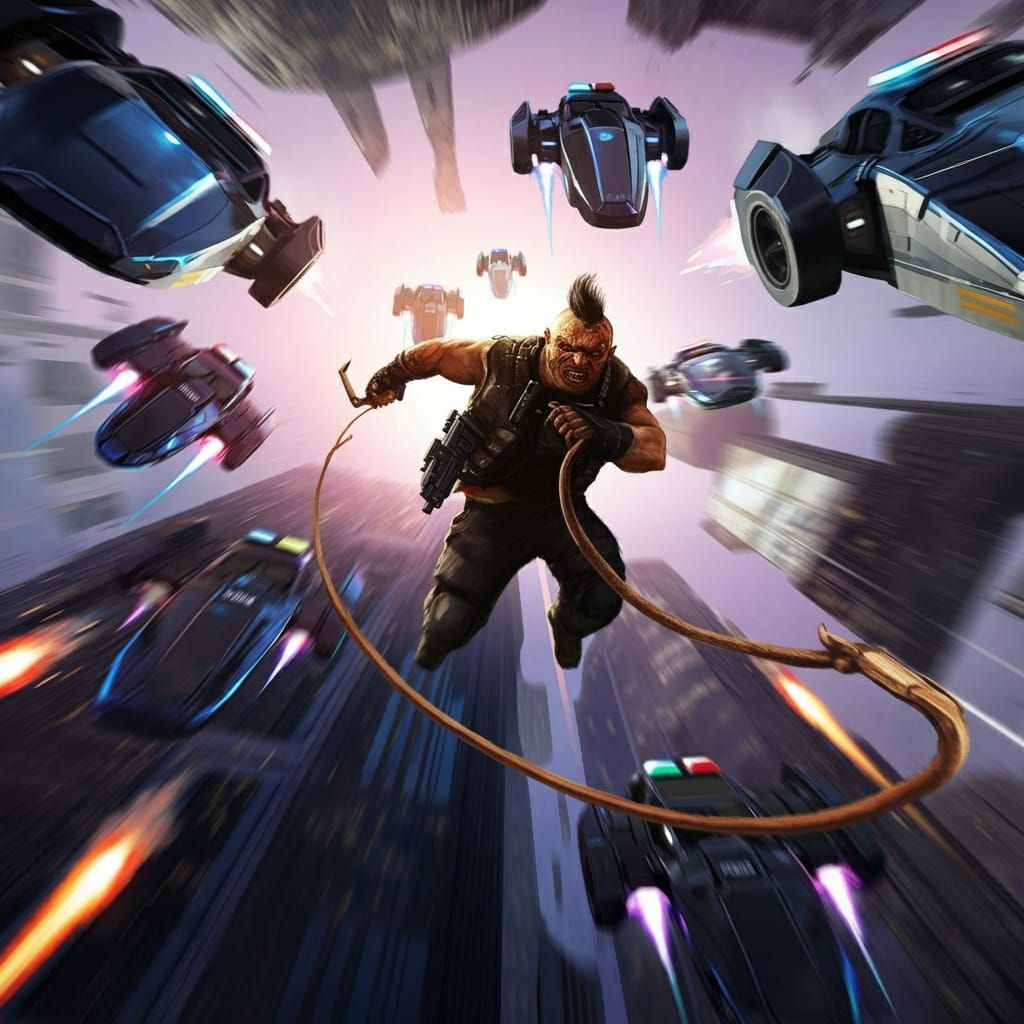 Futuristic midair falling grappling hook thug escaping hover...