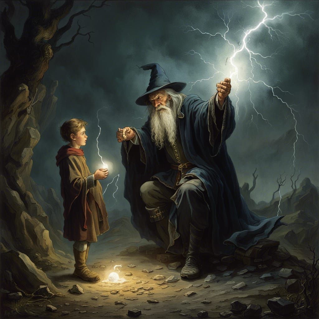 Old wizard teaching a younger boy how to cast a lightning spell. Dark fantasy  by @Chamelios