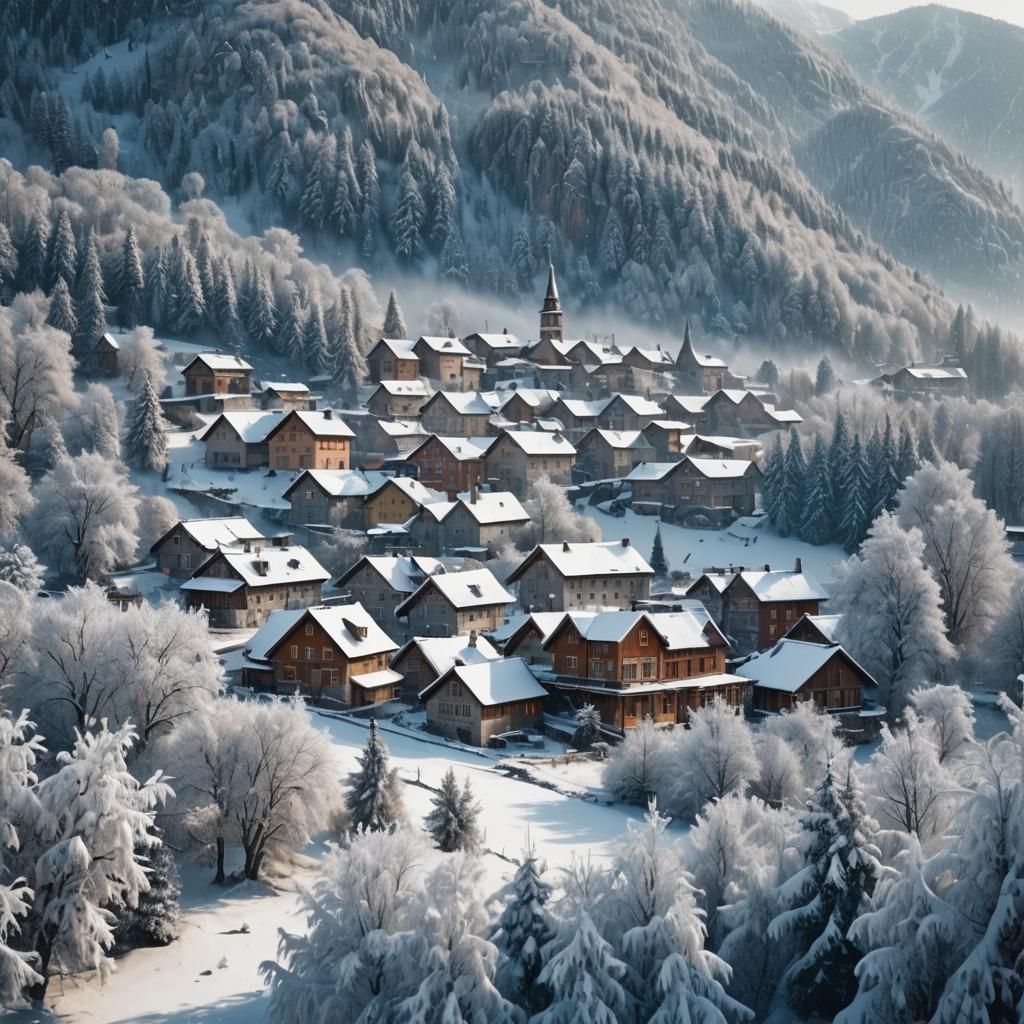 Snowy Ancient Village in Winter Wonderland