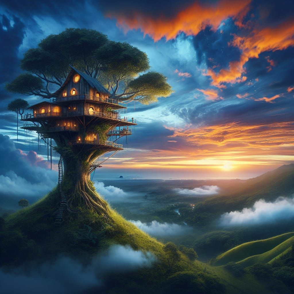 A avant-garde tree house on the top of a little hill