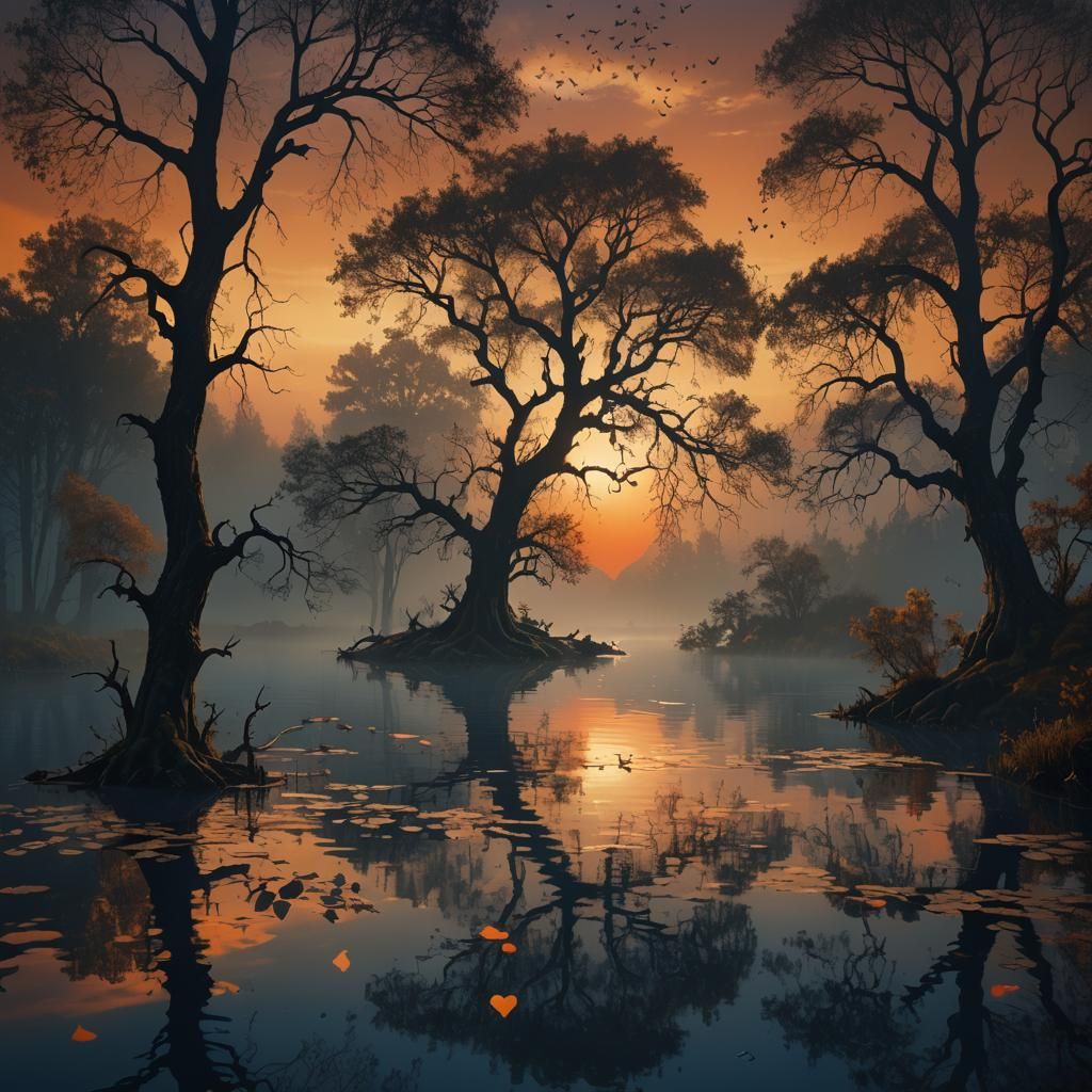 Silhouette of trees reflecting on a dark blue pond with a dark orange sky behind it with all edges of ...  by @Dessas1