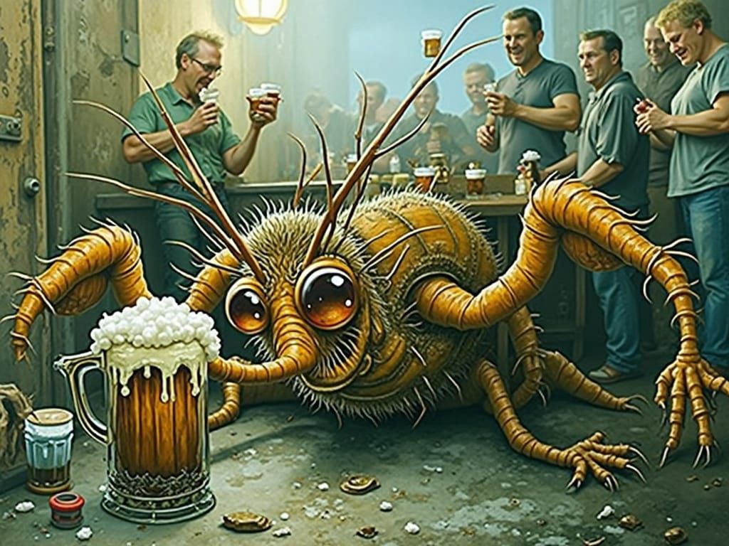 Creepy hairy cockroach drinking bubbly beer