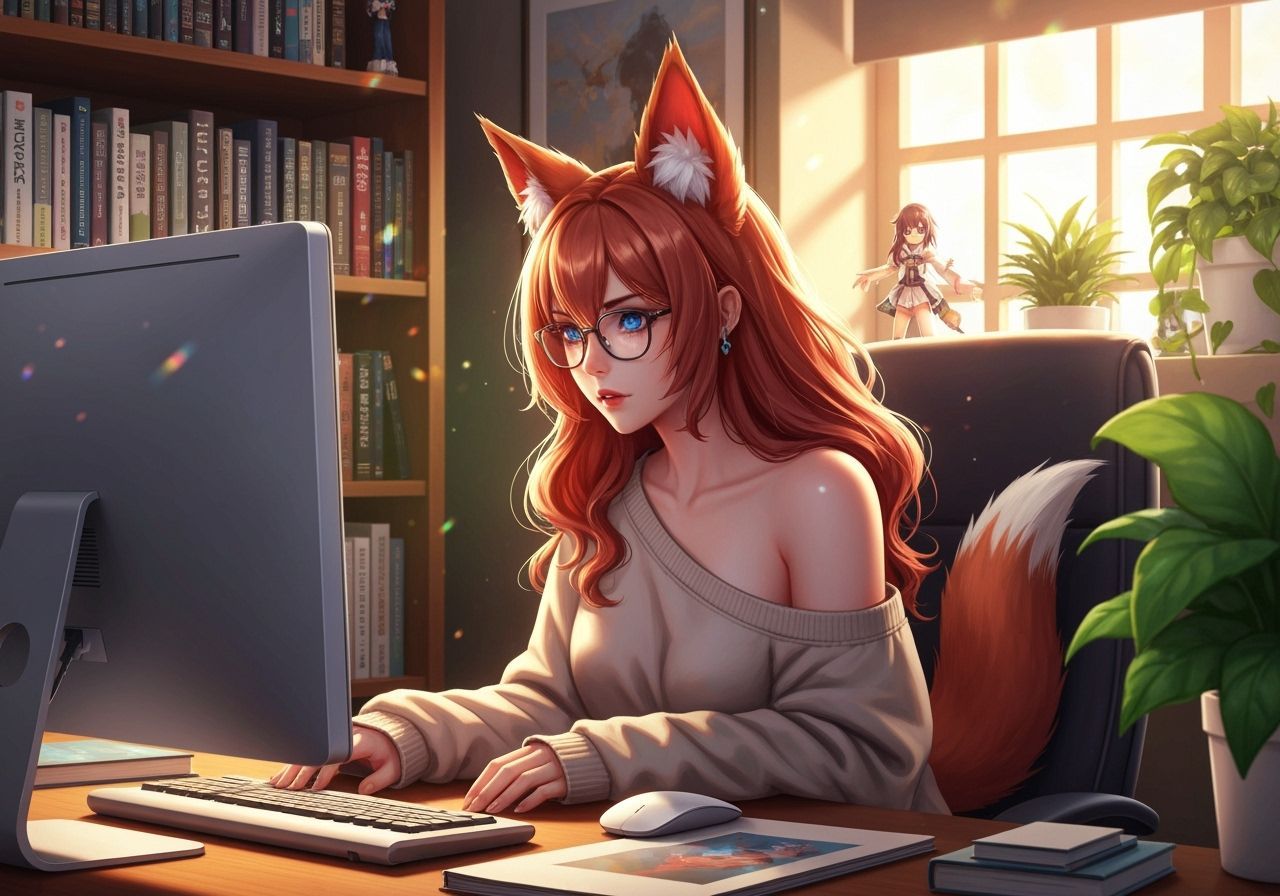 Fox Girl at Computer: Hyperrealistic Anime Art