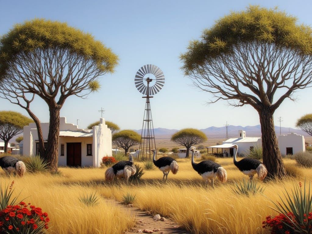 <lora:Africa - Karoo:1.2>Painterly image featuring ostrich in a Karoo landscape with outbuildings nestled among shady green acacia trees and...