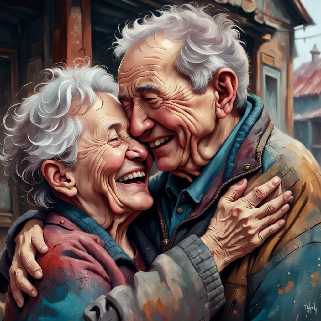 portrait of an old couple hugging and laughing