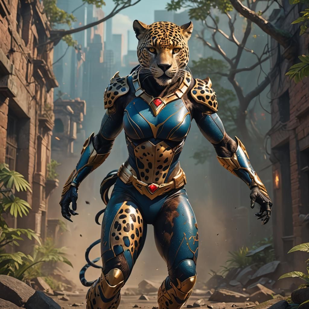 A female anthro jaguar as a super hero.  by @Anonymousabc123