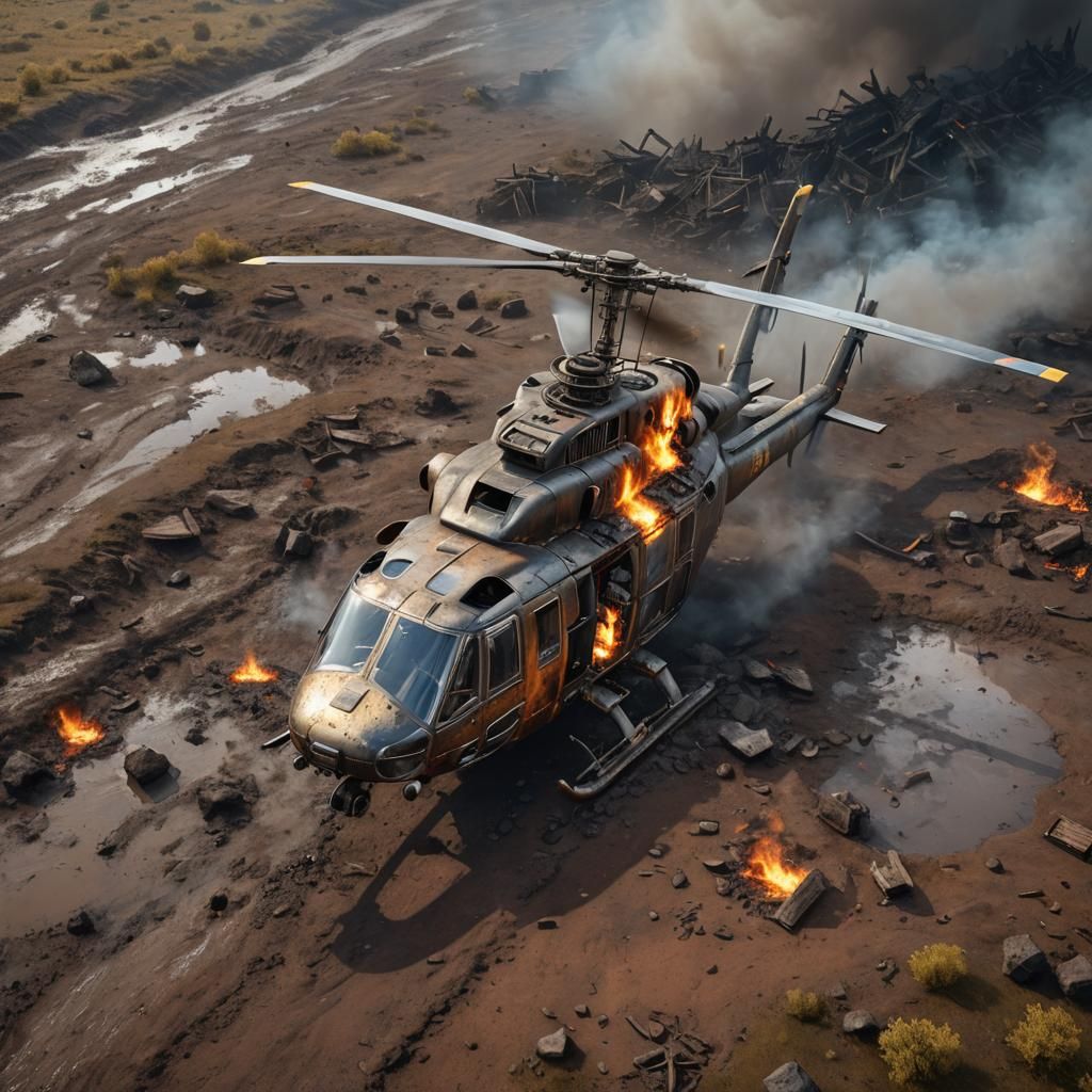 A helicopter that fell on a muddy plain and was set on fire